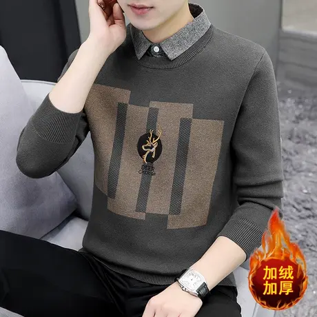 冬季毛衣男假两件加绒加厚保暖衣服潮流针织衫休闲线衣男装打底衫商品大图
