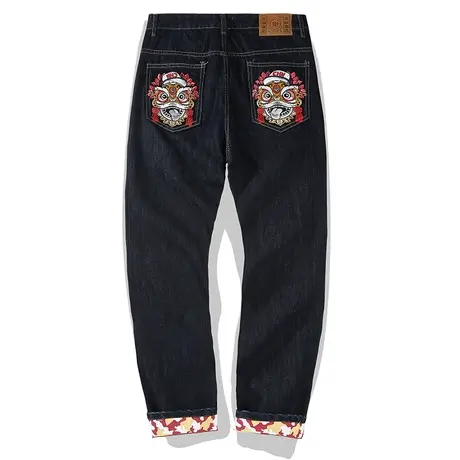 国潮醒狮刺绣牛仔裤男复古民族风直筒宽松潮流裤子中国风潮牌长裤商品大图