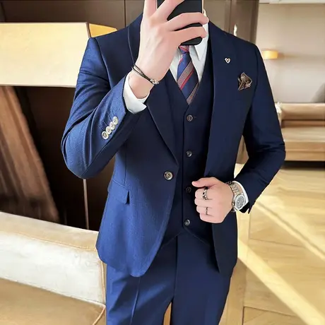 春夏薄款暗格纹青果领西服男套装英伦绅士通勤职业装结婚宴会礼服图片