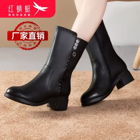 红蜻蜓真皮靴子女短靴粗跟黑色中筒靴长筒2023秋冬款加绒休闲百搭商品大图