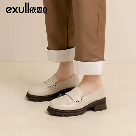 依思q一脚蹬女鞋2023新款秋款鞋子女厚底乐福鞋单鞋英伦风皮鞋女商品大图