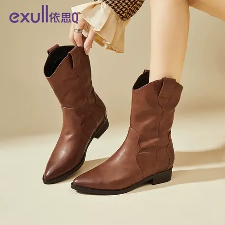 依思Q粗跟短靴女2023新款冬季真皮单靴尖头时装靴粗跟休闲中筒靴图片