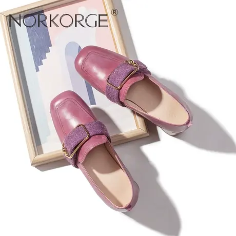 原创新款手工复古紫红色乐福鞋单鞋女鞋真皮方头粗跟一脚蹬小皮鞋图片