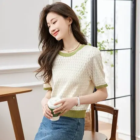 时尚气质圆领短袖针织衫2023年夏季新款淑女温柔甜美宽松显瘦上衣商品大图