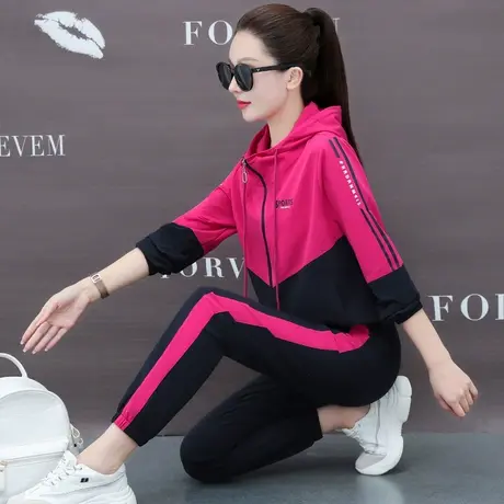 连帽休闲运动服套装女春秋2023新款时尚梭织布拉链卫衣外套两件套图片