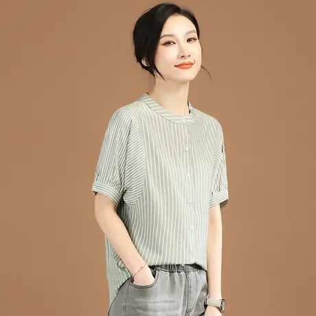 韩潮袭人日系立领条纹短袖衬衫女2023夏季新款宽松衬衣设计感小众商品大图