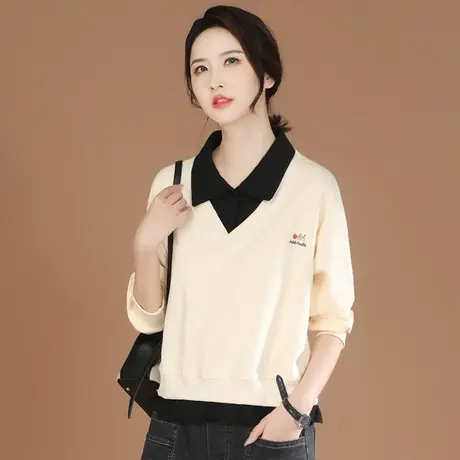 韩潮袭人POLO领假两件刺绣卫衣女2023秋季新款百搭休闲套头上衣商品大图