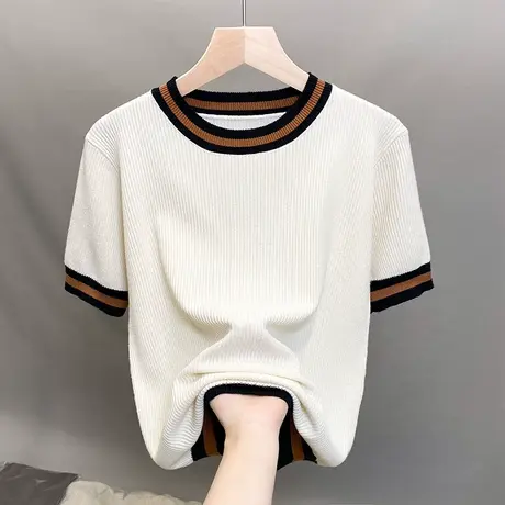 圆领针织衫女2023春夏秋新款打底衫外穿韩版条纹上衣短袖t恤衫潮图片