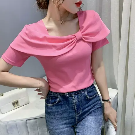 设计感小众蝴蝶结T恤女短袖纯色百搭上衣欧货洋气方领丅恤半袖ins商品大图