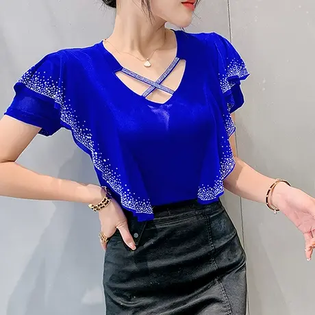 性感网纱上衣女短袖2023夏季新款气质烫钻荷叶边T恤紧身V领小衫潮商品大图