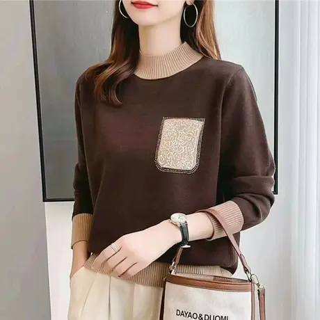 半高领长袖拼色针织衫毛衣女气质复古风2023秋冬新款百搭显瘦上衣商品大图