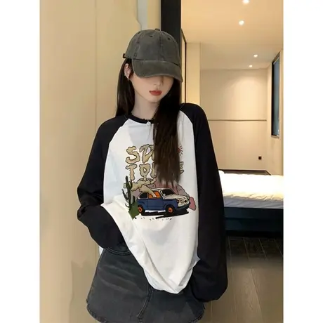 粉杏撞色宽松oversize插肩t恤女2023新款秋冬内搭打底长袖上衣女商品大图