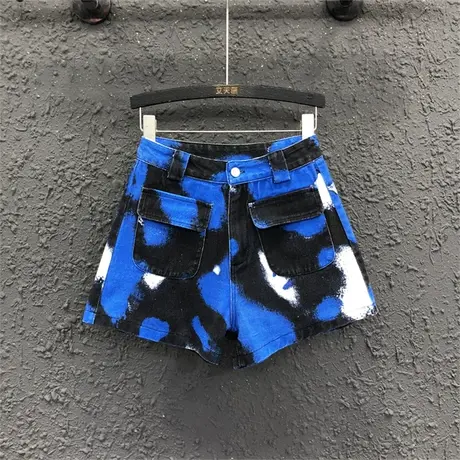 迷彩工装牛仔短裤女2023夏季新款港味洋气蓝色高腰宽松阔腿裤热裤商品大图