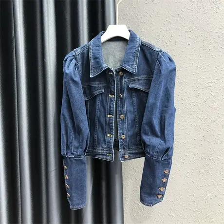 深蓝色美式长袖短款牛仔外套女2023秋季新款显瘦小众单排扣夹克潮图片