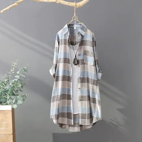 中长款格子衬衫女宽松文艺衬衣2023春季新款长袖外套休闲纯棉上衣图片