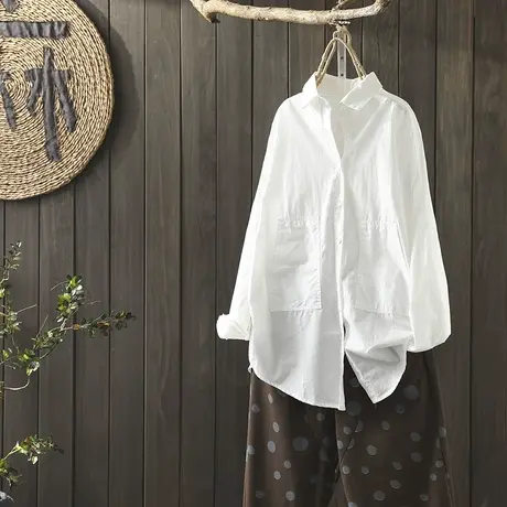 枫谜2019春装新款 文艺简约 大口袋纯色中长款衬衫女宽松白色衬衣商品大图