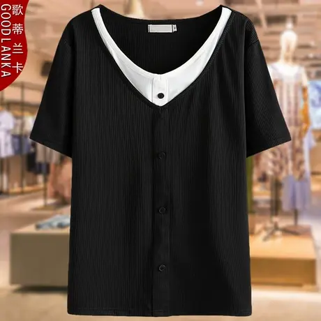 夏季大码200斤短袖假两件T恤洋气时尚中年胖妈妈装弹力坑条棉上衣图片