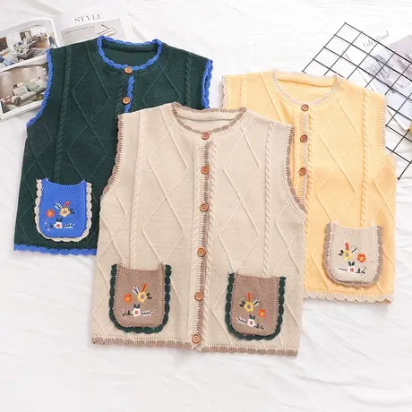 秋冬日系小清新贴布刺绣花朵针织马甲女学生坎肩马夹背心毛衣外穿图片