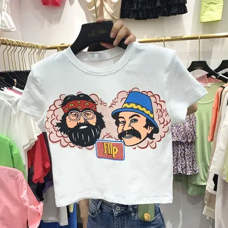 美式复古高腰短款t恤女ins潮辣妹短袖修身露脐甜辣风上衣夏设计感商品大图