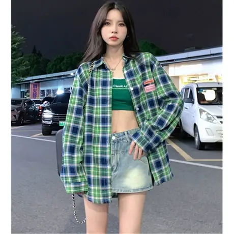 格子衬衫女早秋季上衣设计感小众高级感法式别致长袖衬衣开衫外套图片