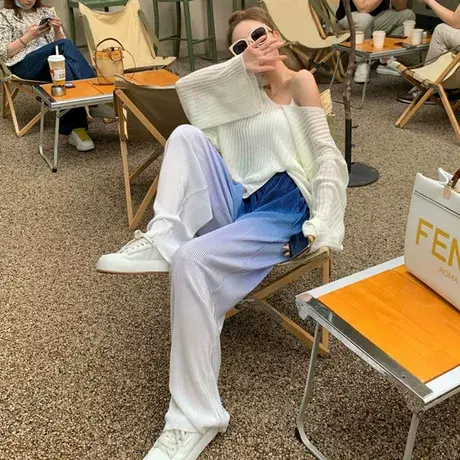 大码女2023夏季时尚休闲渐变阔腿裤胖mm宽松显瘦高腰垂感拖地长裤商品大图