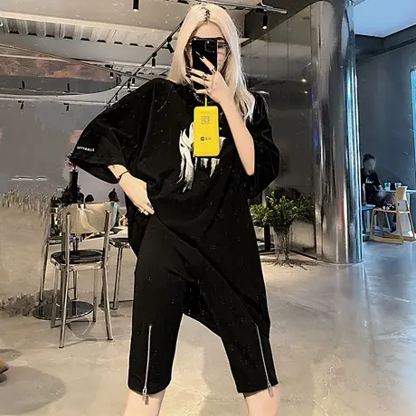 黑色高腰五分裤女夏2023年新款修身显瘦拉链中裤网红紧身直筒短裤图片