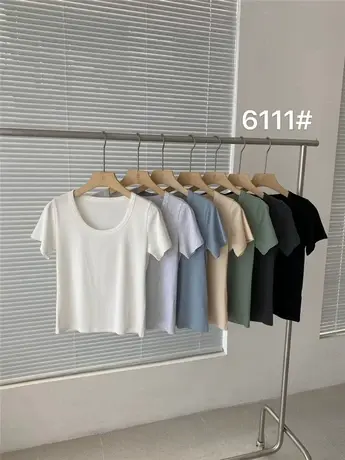 短袖t恤女夏季2023新款韩版ins潮简约U领纯色短款打底衫半袖上衣商品大图