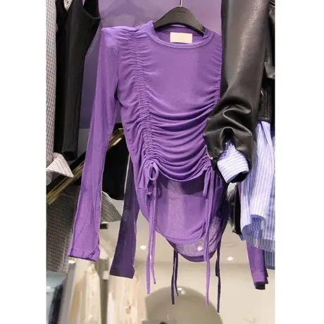 韩国东大门女装新款2023春季圆领修身打底衫抽绳长袖T恤女上衣范商品大图