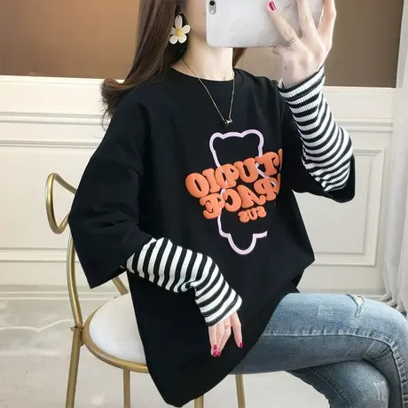 早秋装ins长袖t恤女春秋季韩版宽松中长款百搭ins假两件上衣服潮商品大图