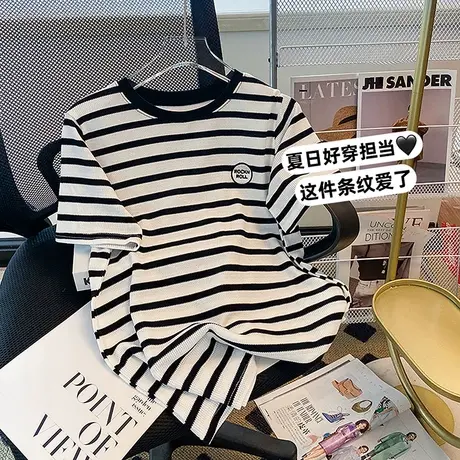 纯棉条纹华夫格设计感短袖t恤女夏季ins潮牌宽松小众高级感上衣服图片