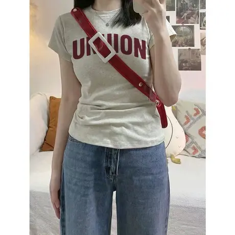 灰色高级感正肩短袖t恤女港味chic夏季修身显瘦小众设计洋气上衣图片