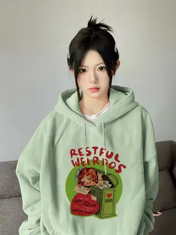 绿色连帽卫衣女潮牌小众设计感春秋2023新款美式复古薄款外套上衣图片