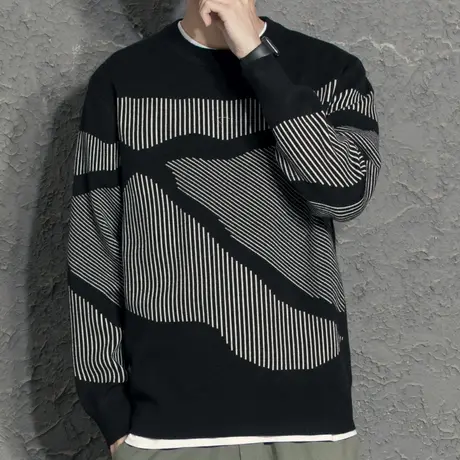 秋冬毛衣男加厚针织衫宽松软糯韩版潮流百搭条纹提花打底衫慵懒风商品大图