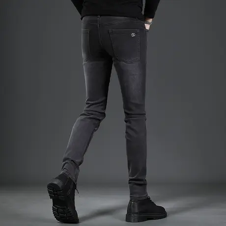 高端加绒加厚牛仔裤男秋冬款2023新款黑色修身小脚裤弹力男士裤子商品大图