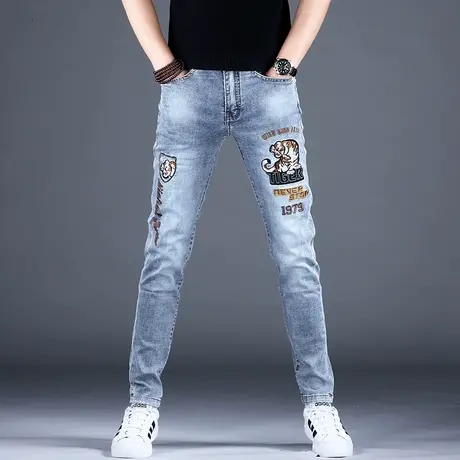 男士刺绣牛仔裤男春秋男款高端潮牌2023新款修身小脚夏天高端潮牌商品大图
