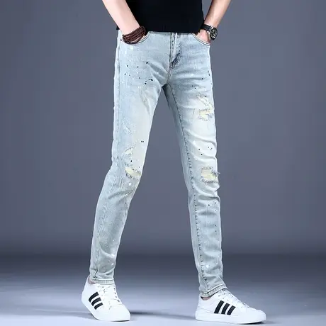 男士秋款潮流牛仔裤子时尚街头风破洞做旧九分小脚裤2023百搭棉弹图片