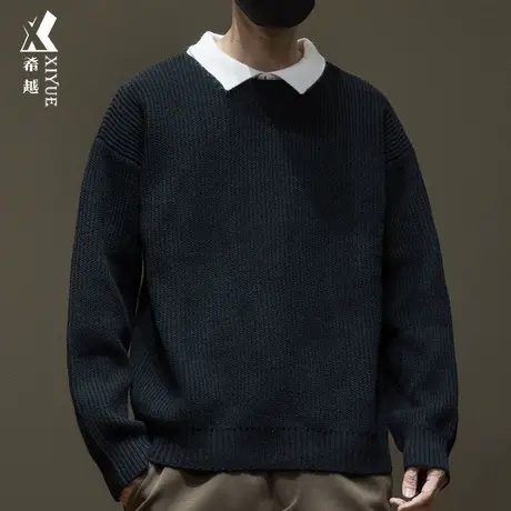 800g重磅8针假两件撞色毛衣男春秋宽松大码潮流日系青少年针织衫商品大图