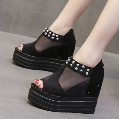 2023春夏季新款坡跟网纱鱼嘴鞋女性感厚底内增高凉鞋镂空透气凉靴商品大图