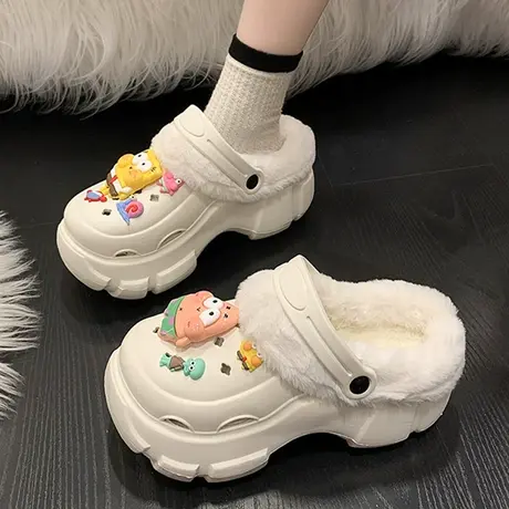 加绒洞洞鞋女冬2023新款防滑棉拖鞋可爱家居厚底松糕鞋包头半拖鞋商品大图
