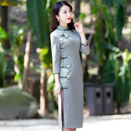 改良旗袍连衣裙年轻款复古盘扣开叉素雅修身显瘦中式传统旗袍裙商品大图