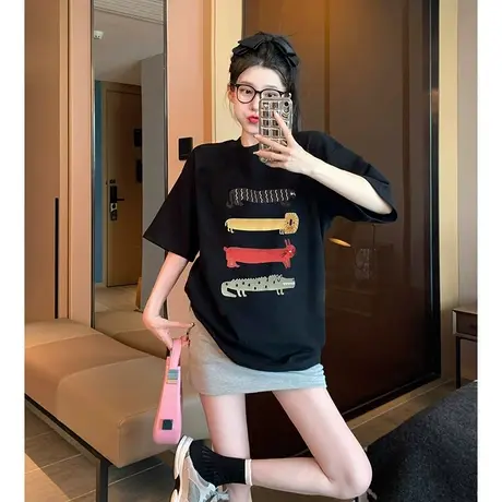 美式复古短袖t恤女夏季宽松大码胖mm欧货大版洋气正肩上衣2-300斤商品大图