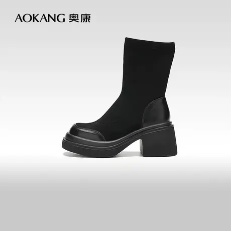 【门店发货】奥康女鞋 冬季新款粗跟弹力靴美拉德短靴瘦瘦靴图片