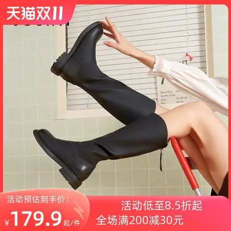卓诗尼2023秋冬新款粗跟长筒靴时尚后拉链女靴潮流百搭显瘦时装靴商品大图