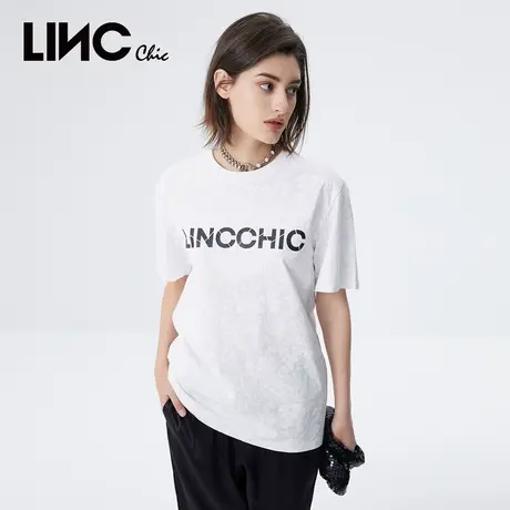 商场同款LINC金羽杰2023夏秋新款简约LOGO印花圆领休闲短袖T恤女商品大图