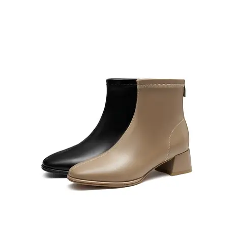 红蜻蜓新款法式单靴方头粗跟瘦瘦靴女靴图片