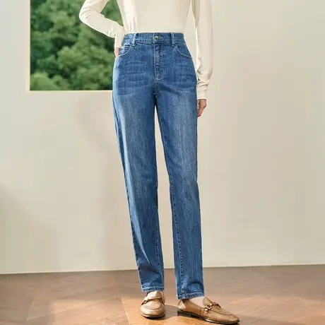 茵曼哈伦萝卜牛仔裤2023秋女装新款松紧高腰遮肉显瘦显腿长裤子商品大图