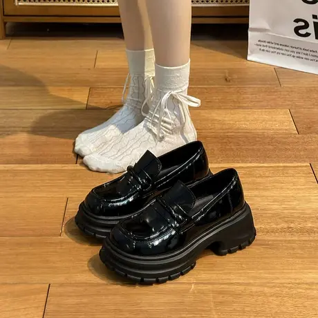 复古乐福鞋女2024年春季新款一脚蹬单鞋粗跟高跟英伦风气质小皮鞋商品大图