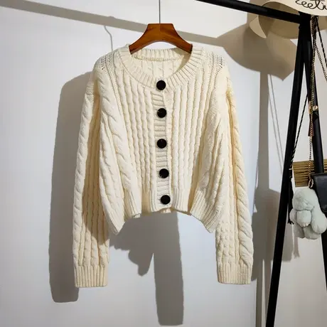 麻花毛衣开衫外套女秋冬新款韩版宽松圆领百搭洋气针织衫短款上衣图片