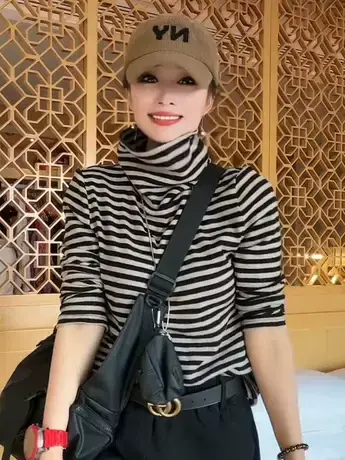 条纹高领打底衫女2023年秋季新款百搭修身显瘦堆堆领内搭上衣潮款商品大图