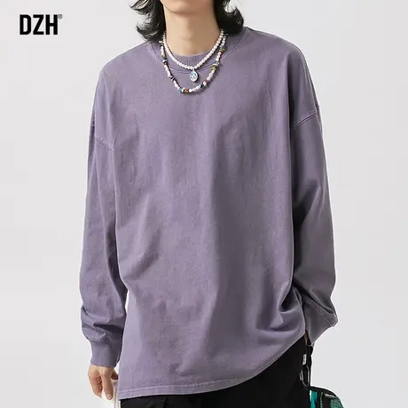 男士紫色长袖t恤男秋季纯棉2023新款宽松上衣情侣装男装内搭体恤商品大图